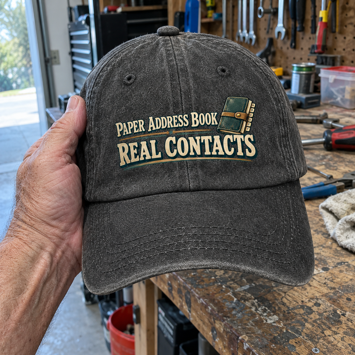 Black vintage washed cap with printed Paper Address Book Real Contacts slogan, handheld close-up view
