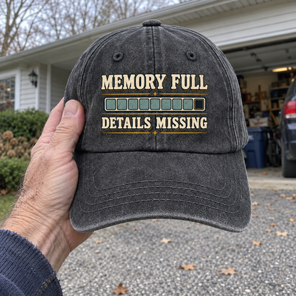 Handheld front view of charcoal vintage washed cap with printed Memory Full Details Missing slogan