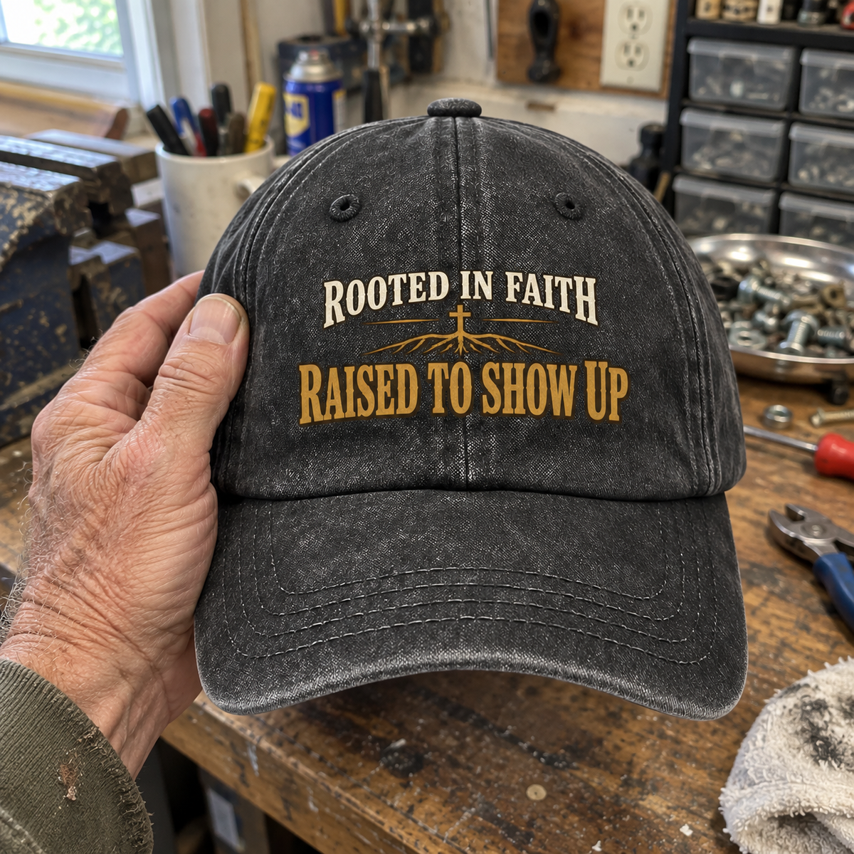 Handheld black vintage washed cap with printed Rooted In Faith Raised To Show Up slogan