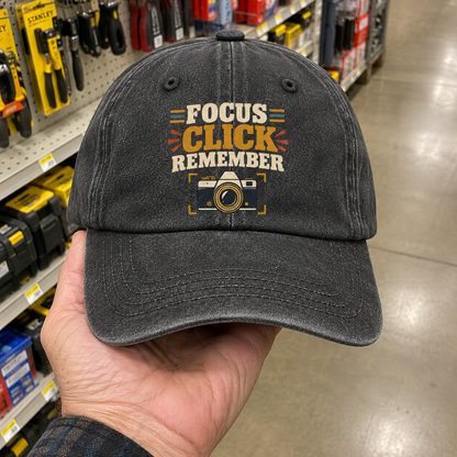 Black vintage washed cap with Focus Click Remember printed design, handheld store view