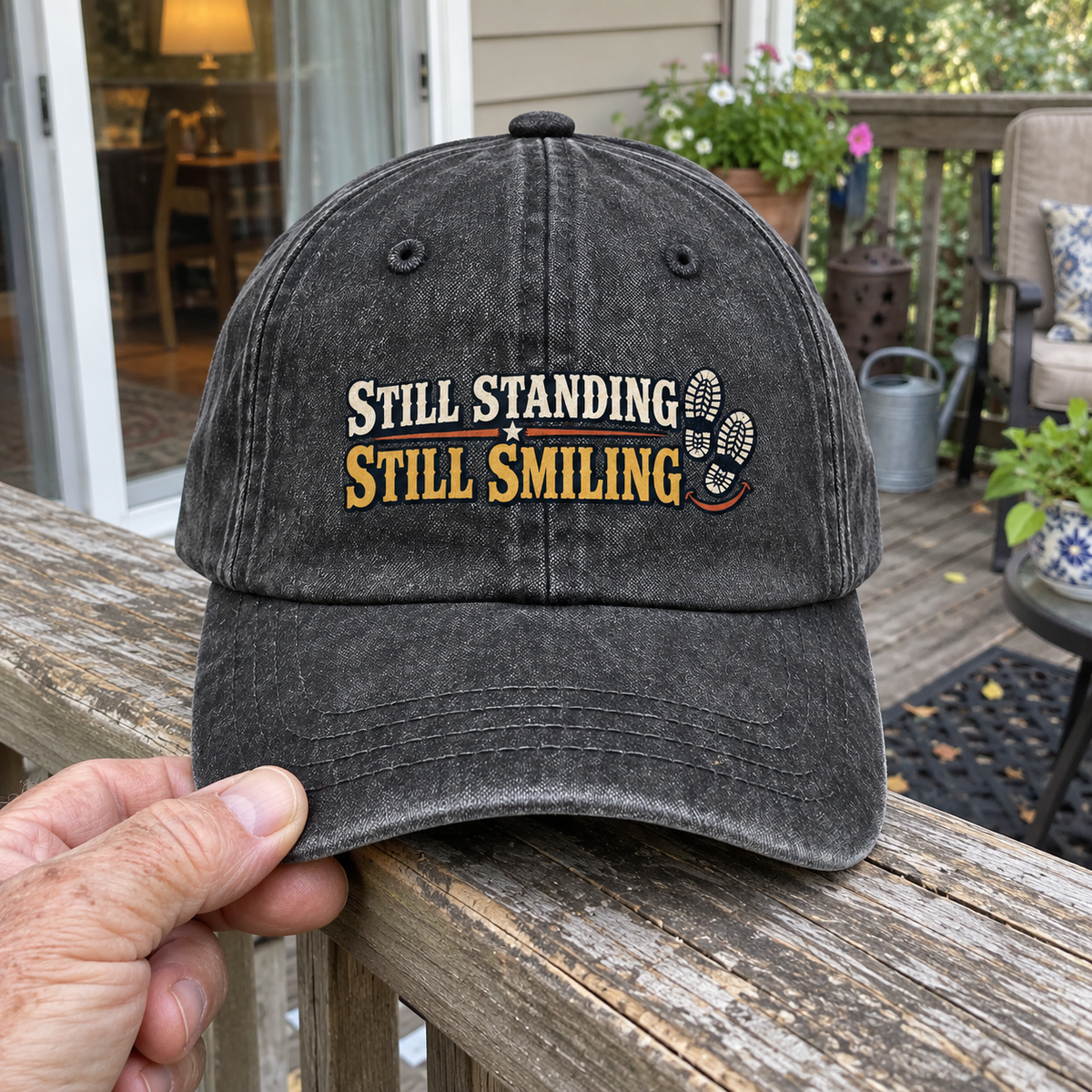 Hand holding black vintage washed cap with printed Still Standing Still Smiling slogan and footprints