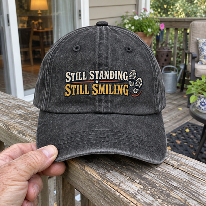 Hand holding black vintage washed cap with printed Still Standing Still Smiling slogan and footprints