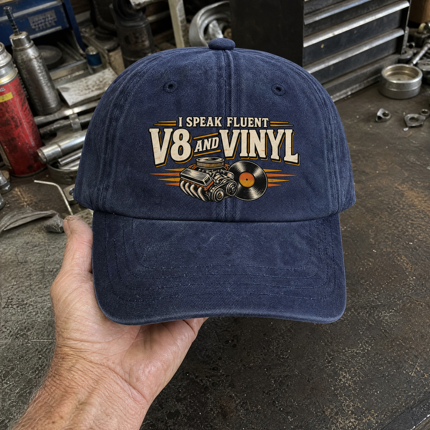 Vintage washed cap with printed 32 v8 and vinyl ideogram 4x TRIM pad80 design handheld