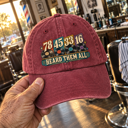 Handheld burgundy vintage washed cap printed with 78 45 33 16 and Heard Them All
