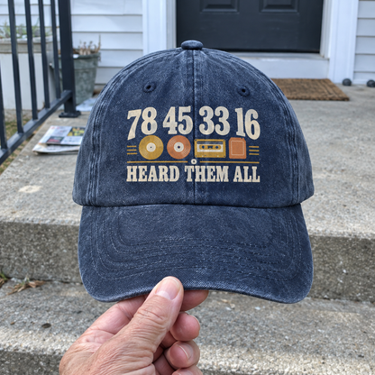 Vintage washed cap with printed 78 45 33 16 Heard Them All design, handheld view