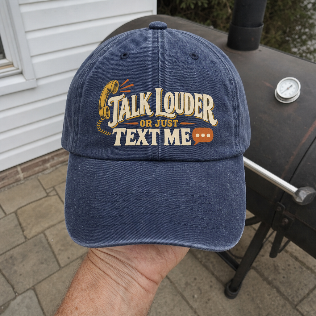 Navy vintage washed cap with printed Talk Louder Or Just Text Me slogan, handheld view.