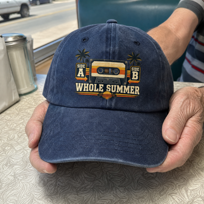 Vintage washed cap with printed “Side A Side B Whole Summer” slogan, handheld view