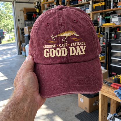 Burgundy vintage washed cap with printed lure and Sunrise Cast Patience Good Day, handheld