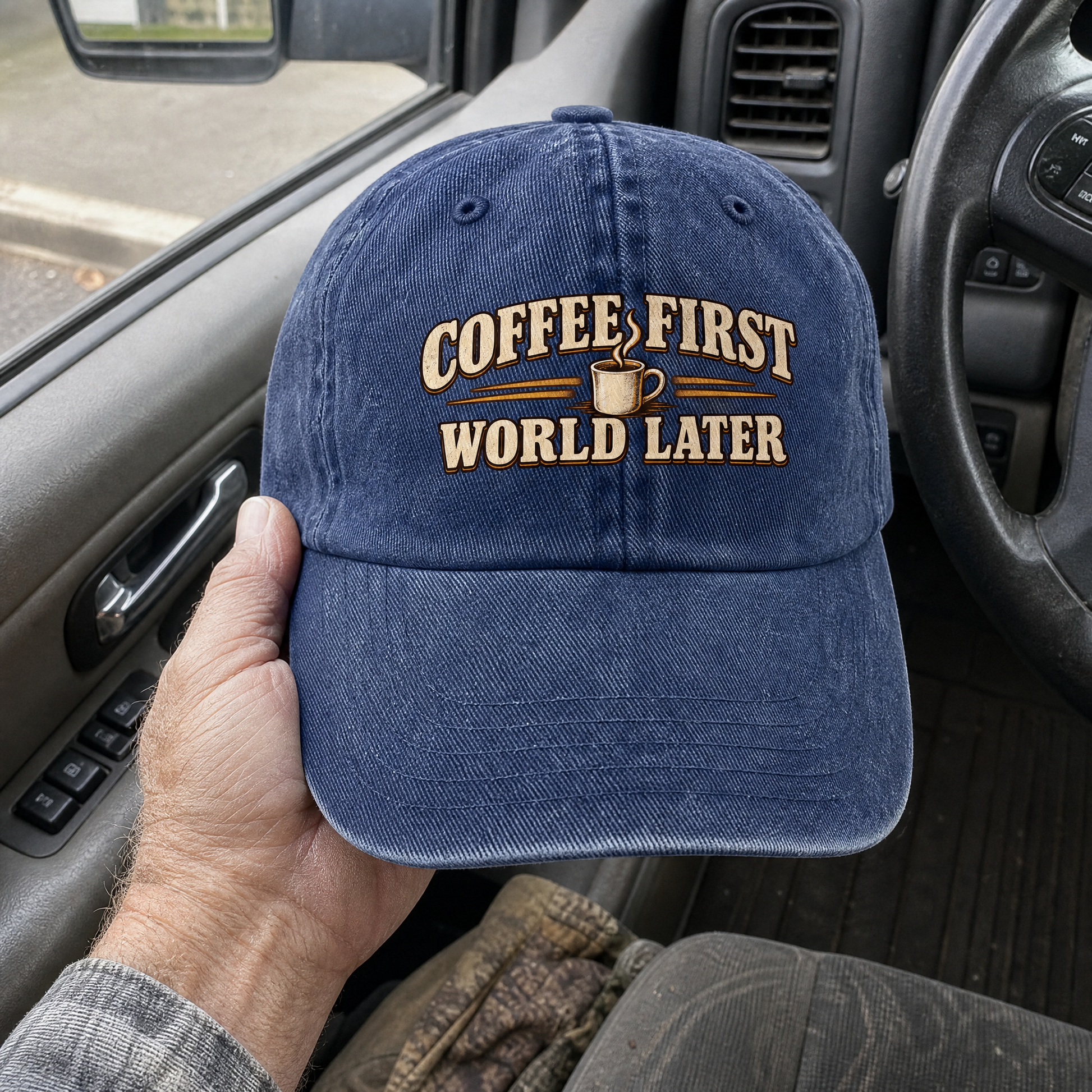 Blue vintage washed cap with printed Coffee First. World Later slogan, handheld view