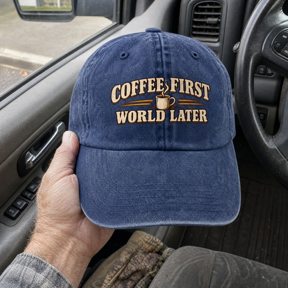 Blue vintage washed cap with printed Coffee First. World Later slogan, handheld view