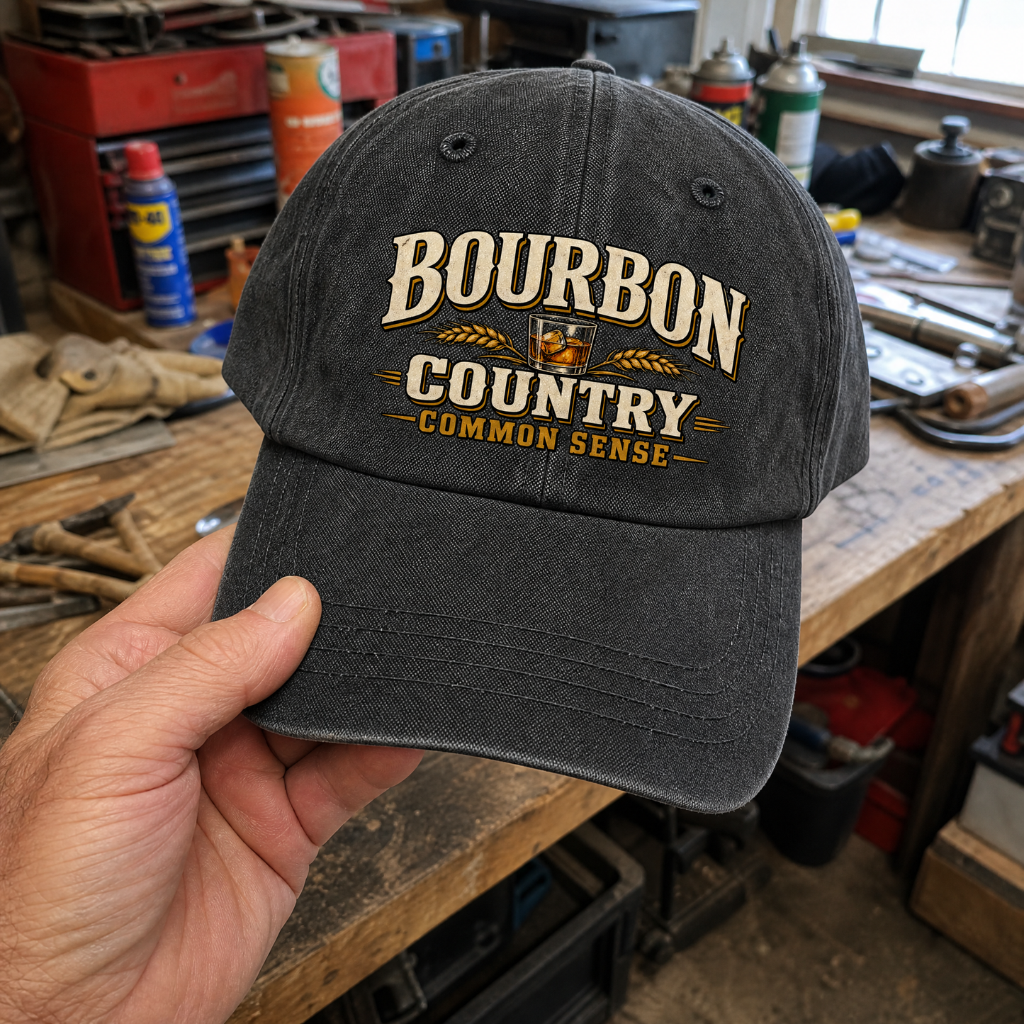 Black vintage washed cap printed with Bourbon Country Common Sense slogan, handheld in workshop.