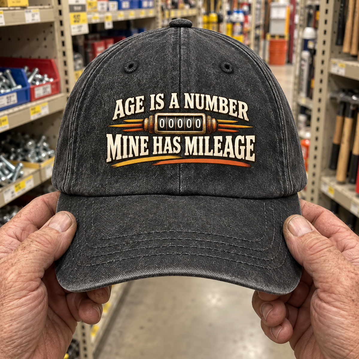 Charcoal vintage washed cap held by hands, printed Age Is A Number Mine Has Mileage.