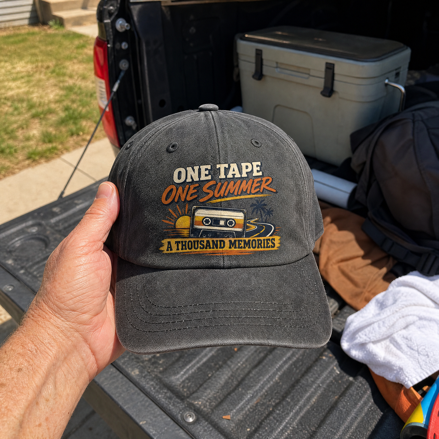 Black vintage washed cap with printed One Tape One Summer A Thousand Memories slogan and cassette design