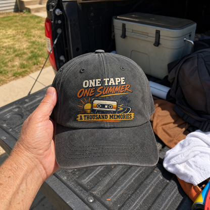 Black vintage washed cap with printed One Tape One Summer A Thousand Memories slogan and cassette design