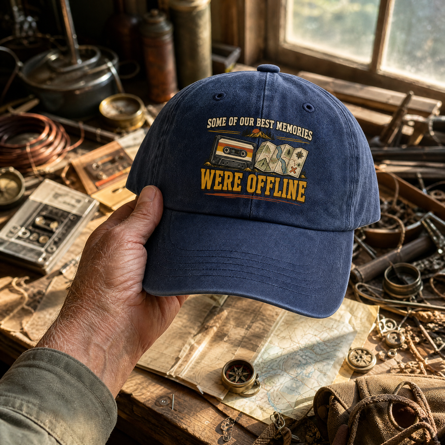 Blue vintage washed cap with printed Some Of Our Best Memories Were Offline design