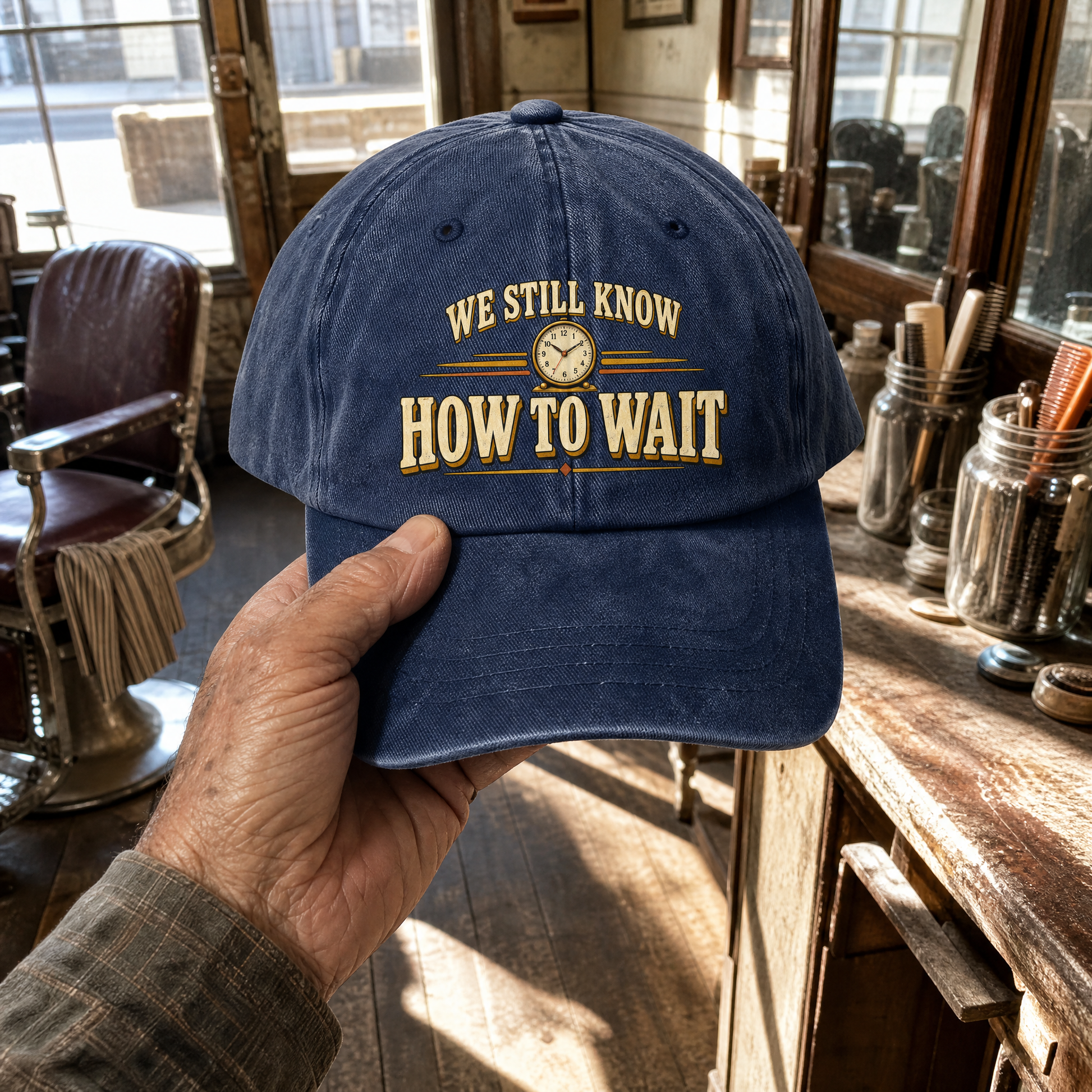 Navy vintage washed cap with printed “We Still Know How To Wait” slogan, handheld view