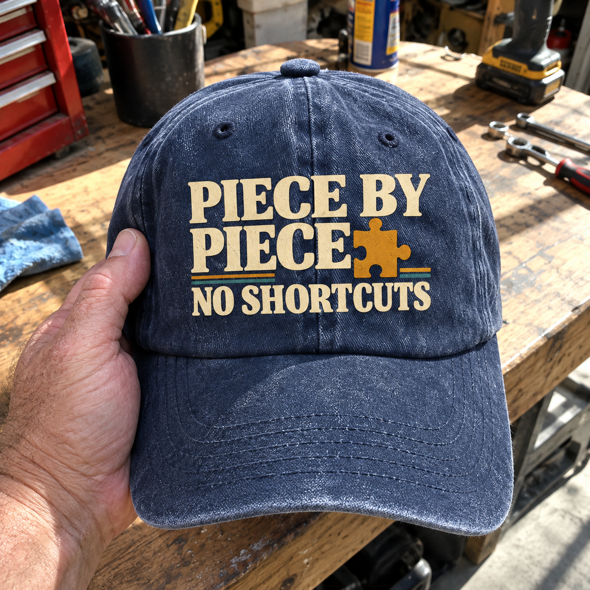 Navy vintage washed cap with printed Piece By Piece No Shortcuts slogan, handheld view