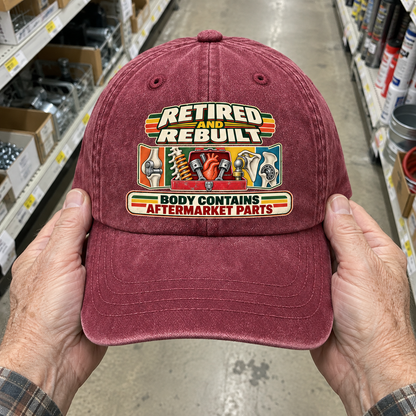 Burgundy vintage washed cap held in hands, printed Retired And Rebuilt. Body Contains Aftermarket Parts