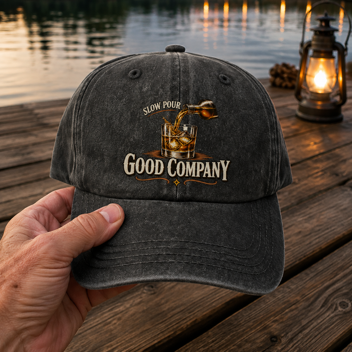 Black vintage washed cap with printed Slow Pour Good Company design held outdoors