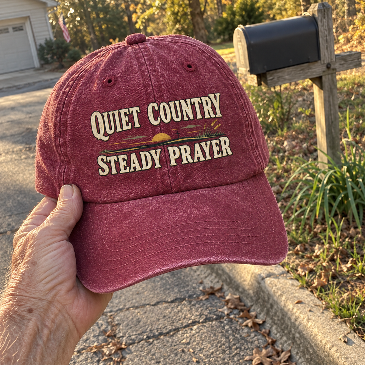 Hand holding burgundy vintage washed cap with printed Quiet Country Steady Prayer design near mailbox
