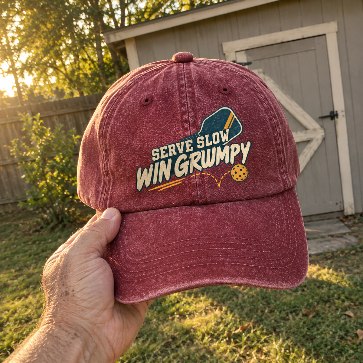 washed cap featuring printed Serve Slow Win Grumpy slogan, held outdoors.