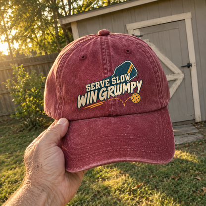washed cap featuring printed Serve Slow Win Grumpy slogan, held outdoors.