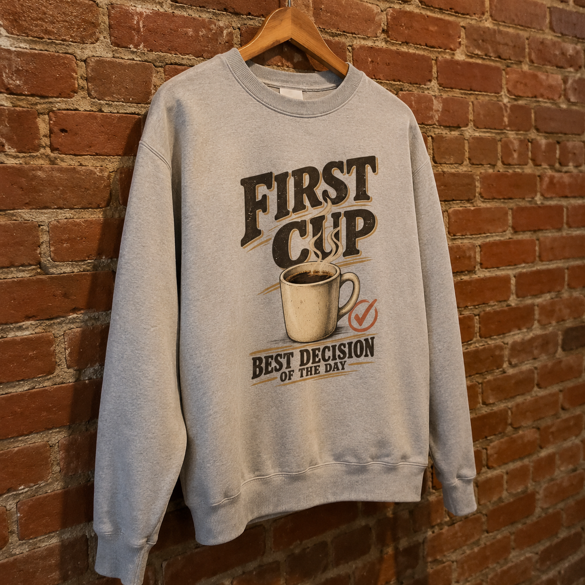 Light gray vintage sweatshirt with printed coffee design and “First Cup” slogan, hanging on brick wall
