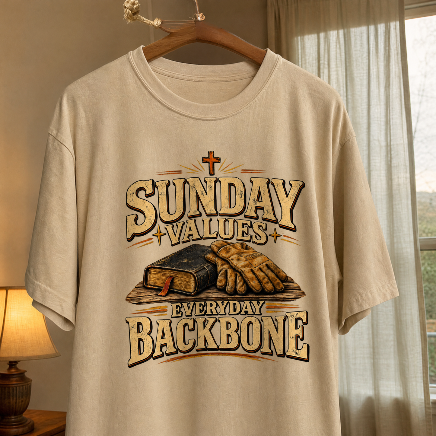 Sunday Values Everyday Backbone vintage t-shirt hanging with printed slogan design