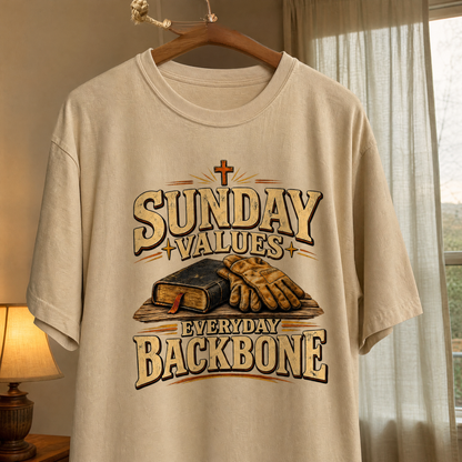 Sunday Values Everyday Backbone vintage t-shirt hanging with printed slogan design