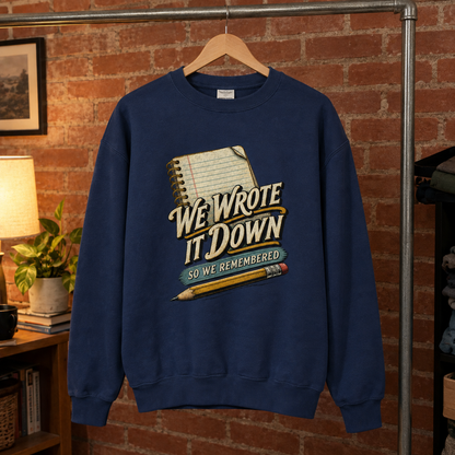 Navy vintage sweatshirt hanging with printed We Wrote It Down So We Remembered notebook design