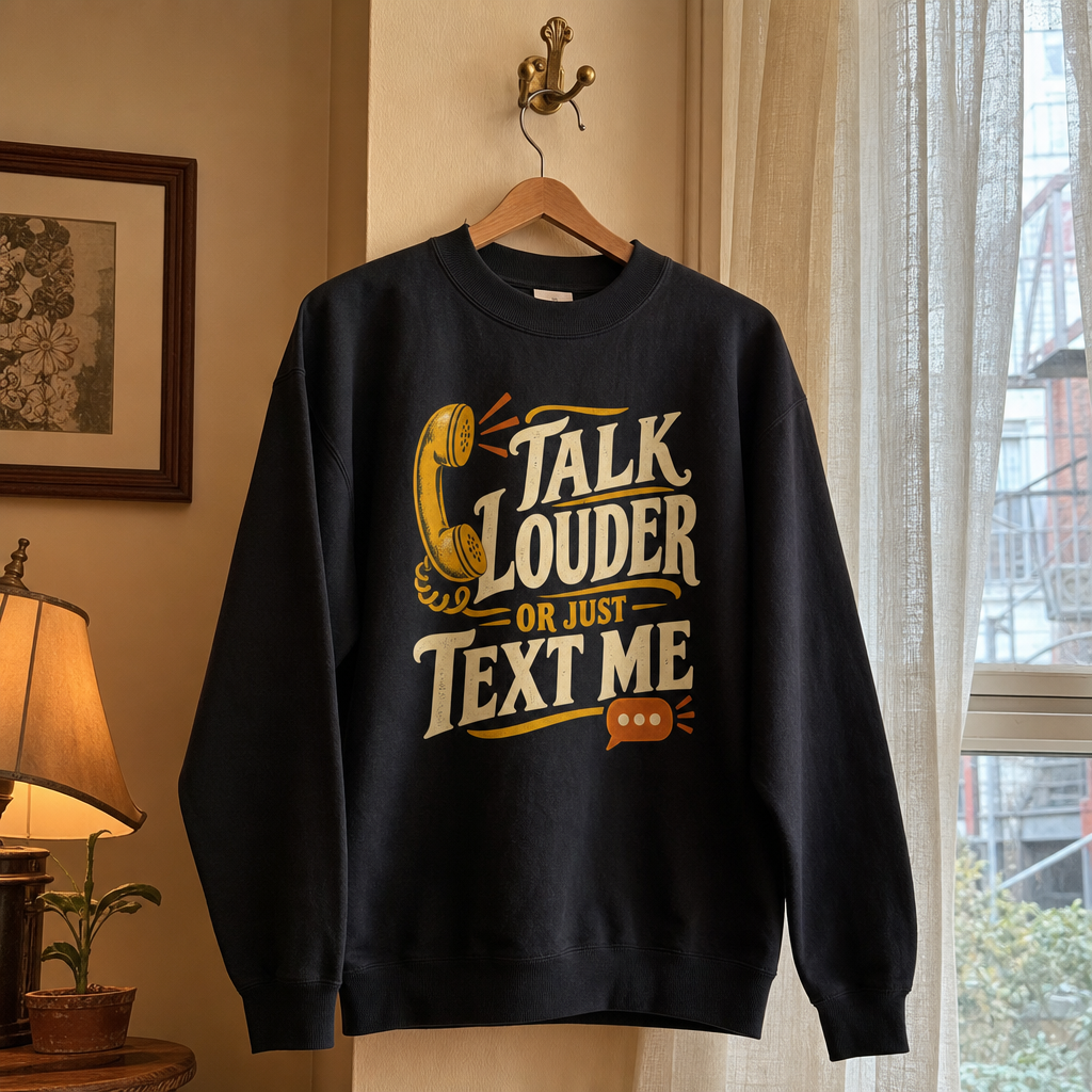 Black vintage sweatshirt hanging with printed “Talk Louder Or Just Text Me” slogan and telephone graphic