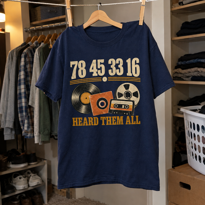 Navy vintage t-shirt hanging with printed 78 45 33 16 Heard Them All retro music design