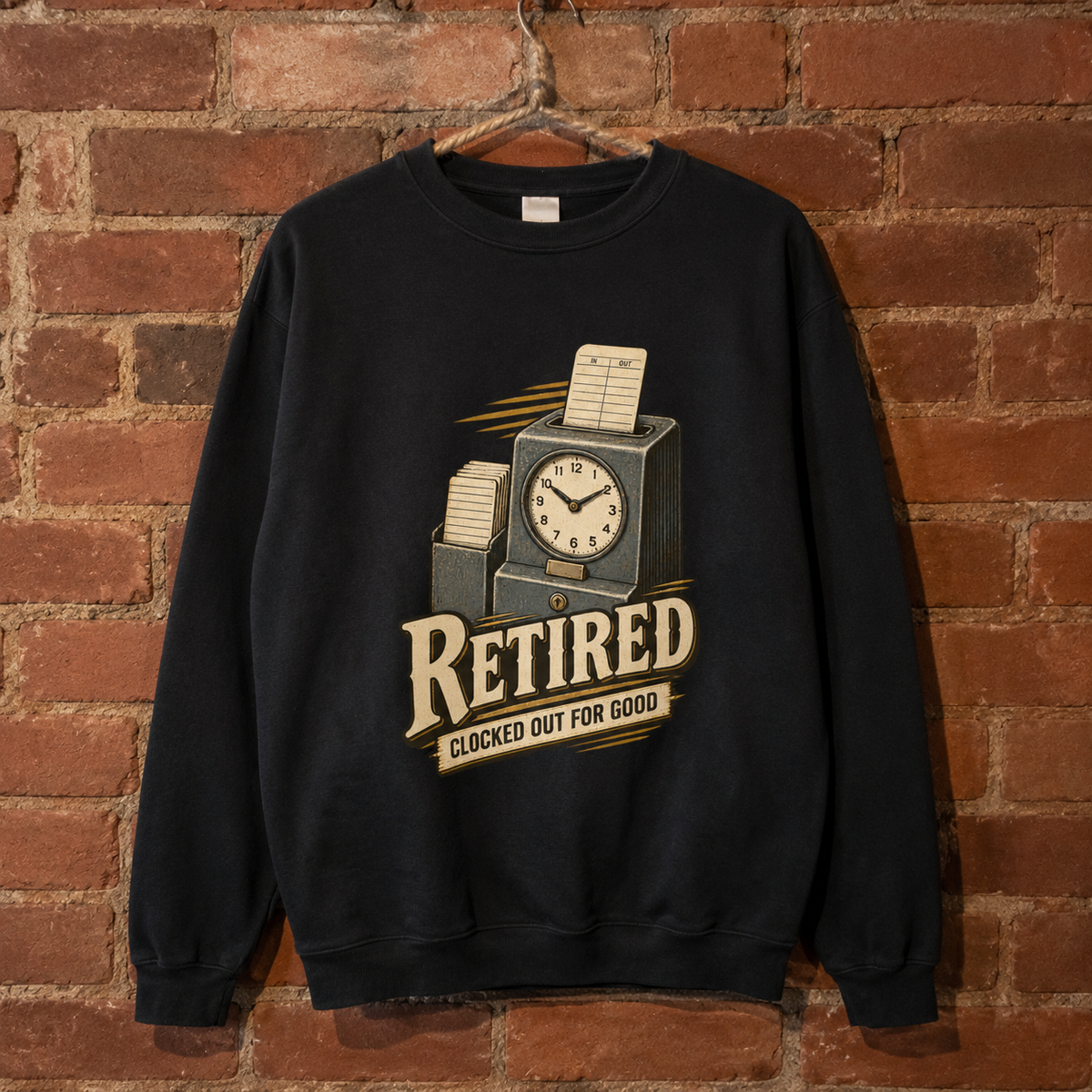 Black vintage sweatshirt hanging with printed Retired Clocked Out For Good clock design