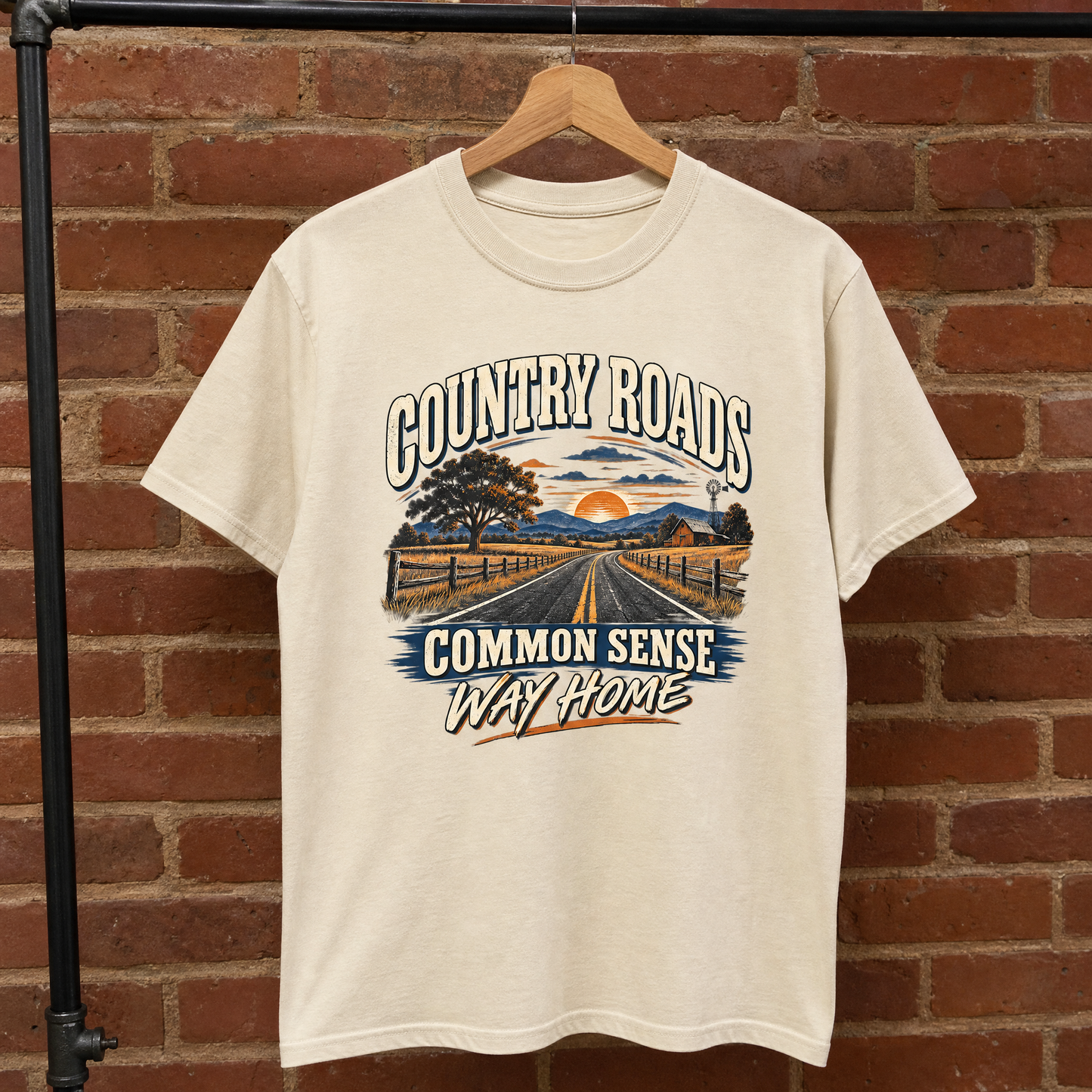 Hanging vintage t-shirt with printed Country Roads Common Sense Way Home slogan design