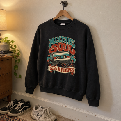 Black vintage sweatshirt hanging with printed cassette and Mixtape Soul Side A Forever slogan