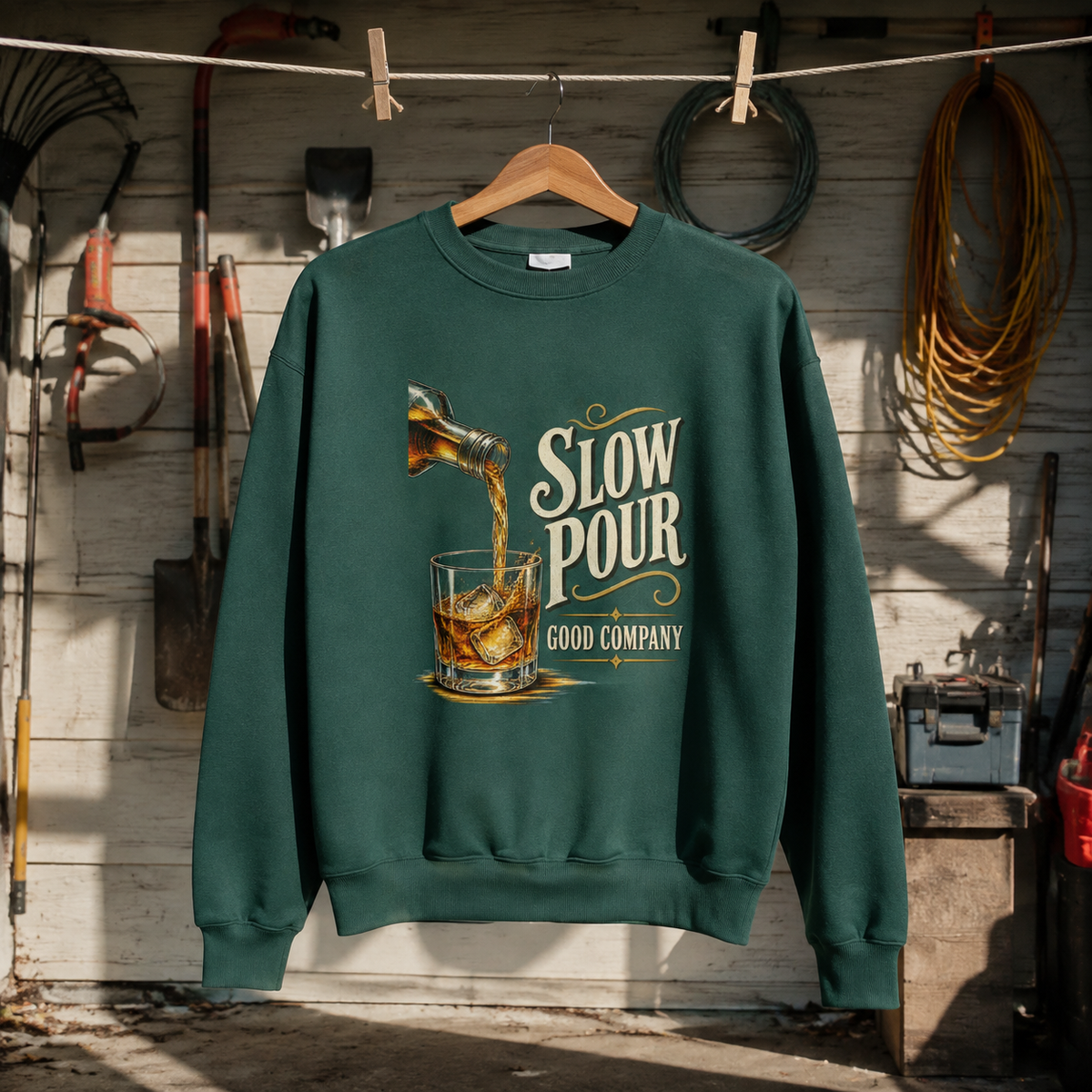 Dark green vintage sweatshirt hanging with printed whiskey pour graphic and Slow Pour Good Company