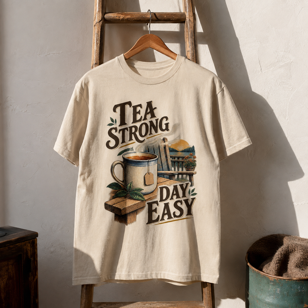 Cream vintage t-shirt hanging with Tea Strong Day Easy printed design
