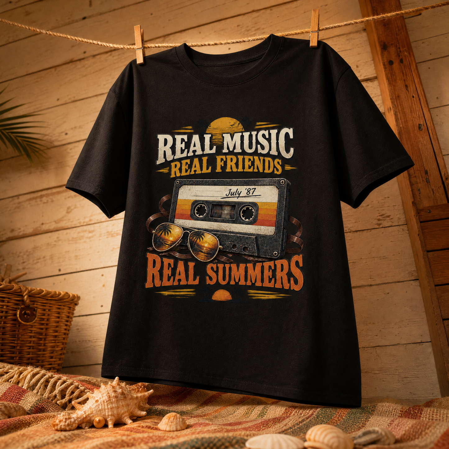 Black vintage t-shirt hanging with printed Real Music Real Friends July ’87 Real Summers design.