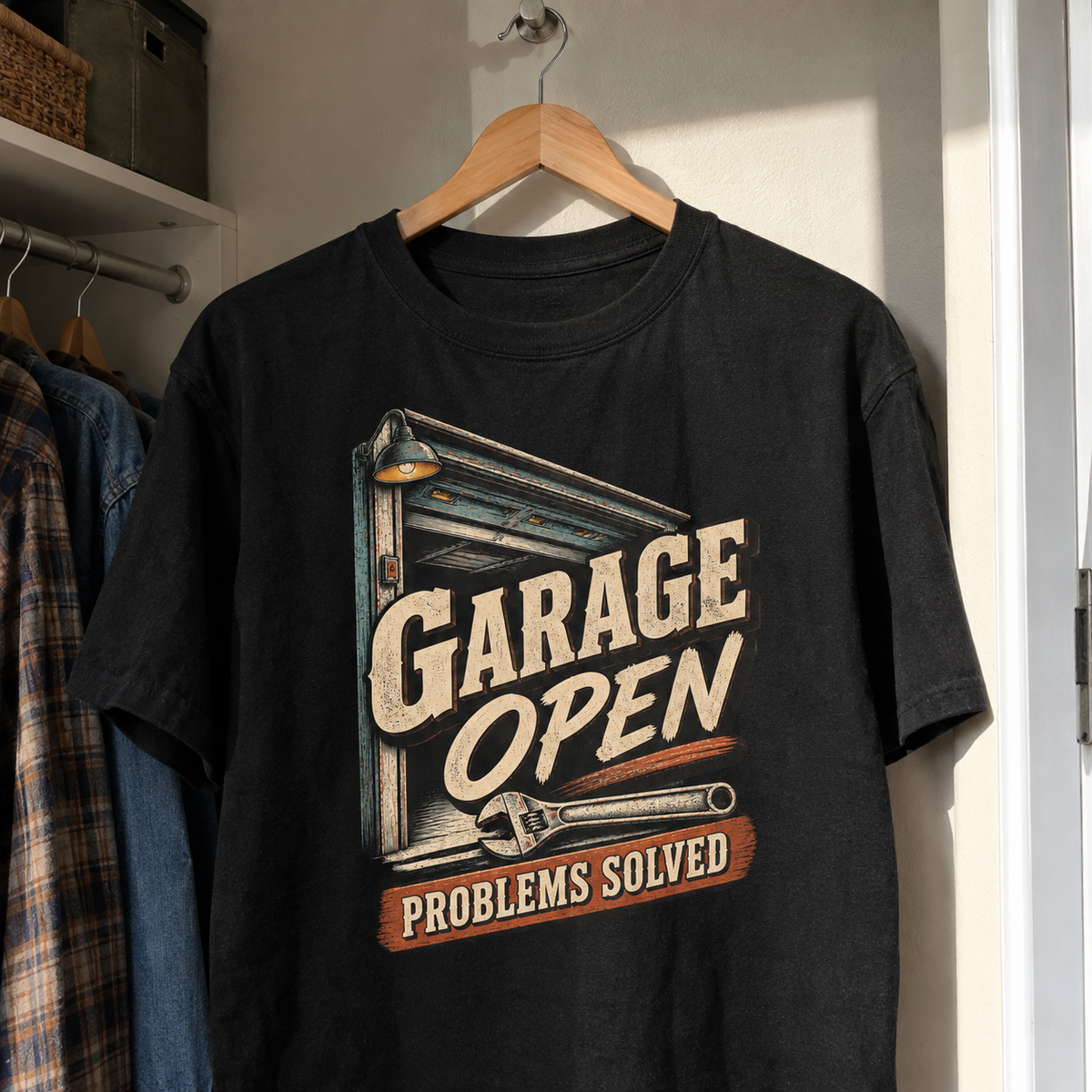 Black vintage t-shirt hanging, printed garage design with GARAGE OPEN PROBLEMS SOLVED slogan.