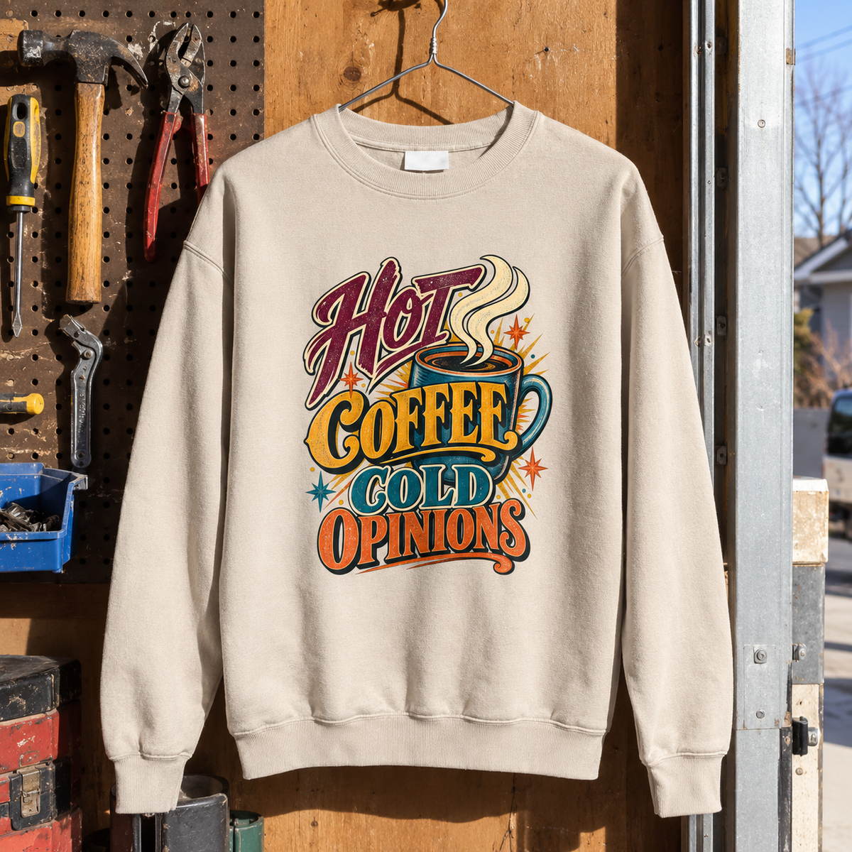Beige vintage sweatshirt with printed “Hot Coffee Cold Opinions” hanging in a workshop.