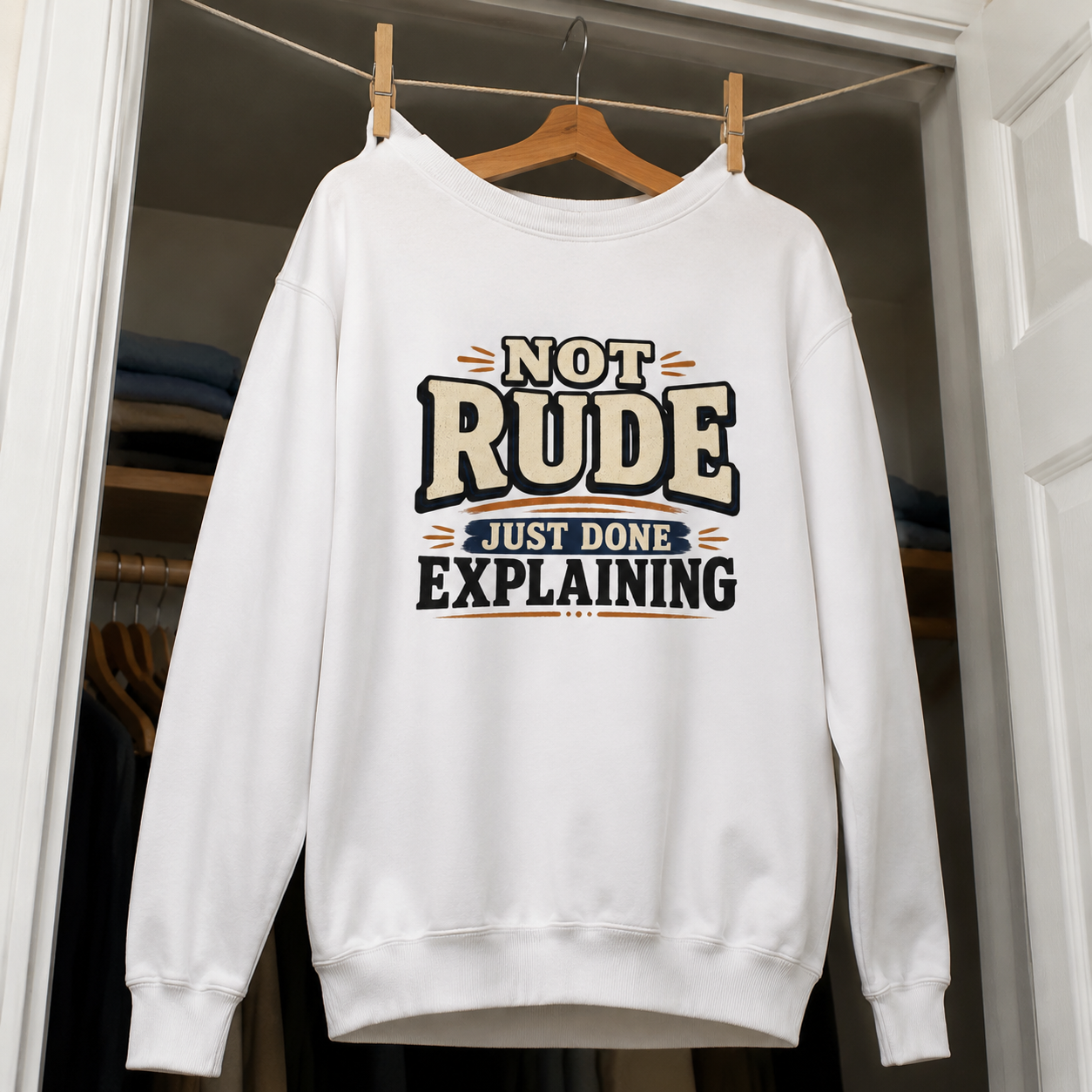 White vintage sweatshirt hanging with printed Not Rude Just Done Explaining slogan