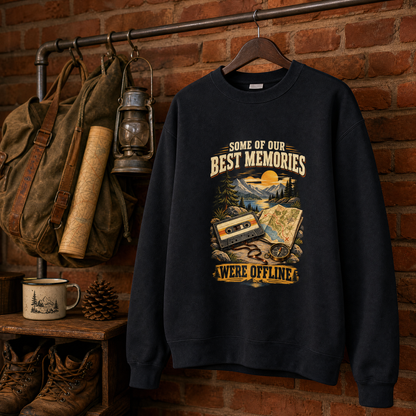 Black vintage sweatshirt features printed “Some Of Our Best Memories Were Offline” slogan, hanging view.