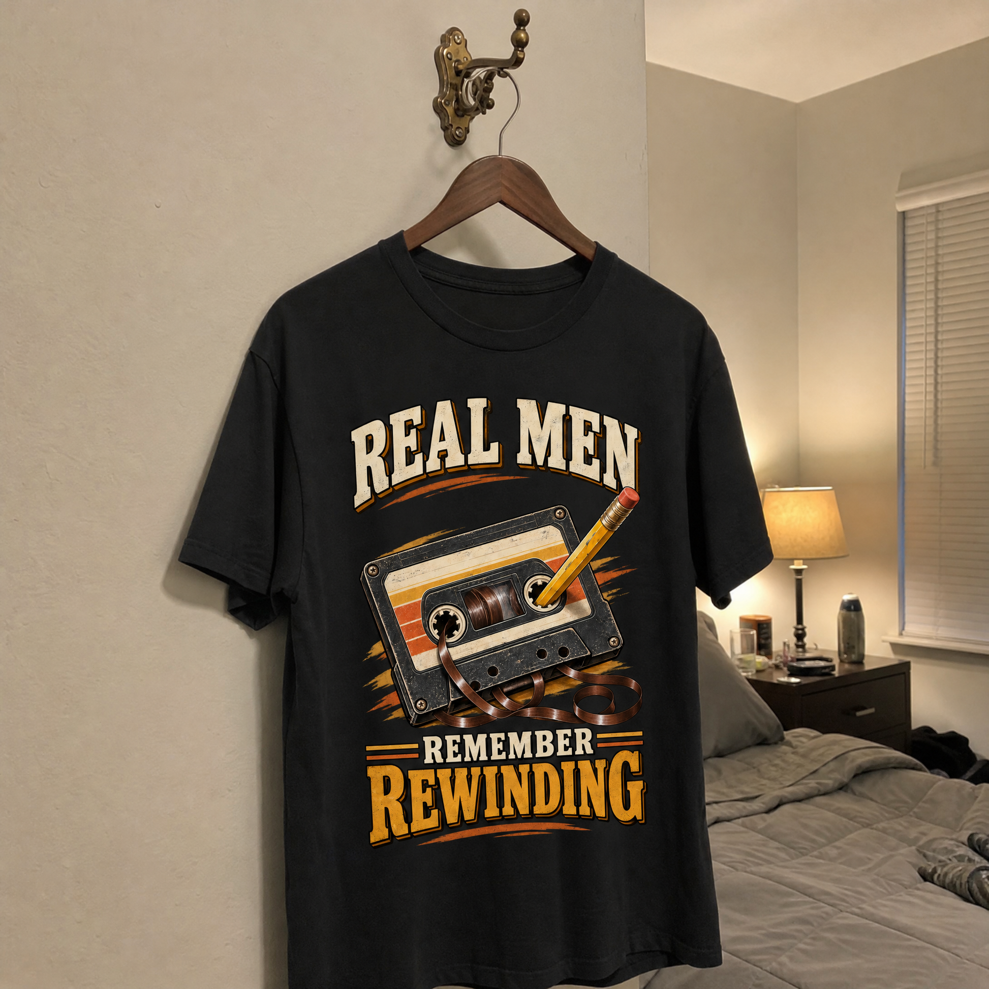 Hanging vintage t-shirt with printed 45 real men remember rewinding ideogram 4x design