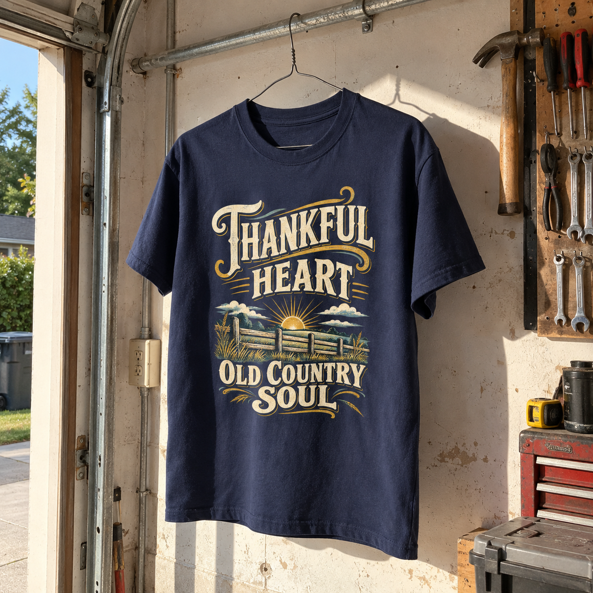 Navy vintage t-shirt hanging in garage with printed Thankful Heart Old Country Soul design