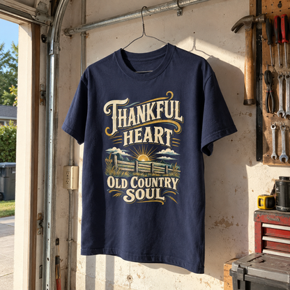 Navy vintage t-shirt hanging in garage with printed Thankful Heart Old Country Soul design