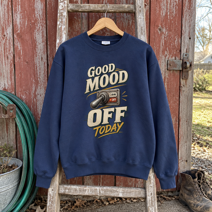 Navy vintage sweatshirt hanging on wooden ladder with printed Good Mood Off Today switch design