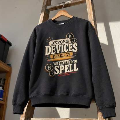 Black vintage sweatshirt hanging with printed Before Devices Fixed It We Learned To Spell design