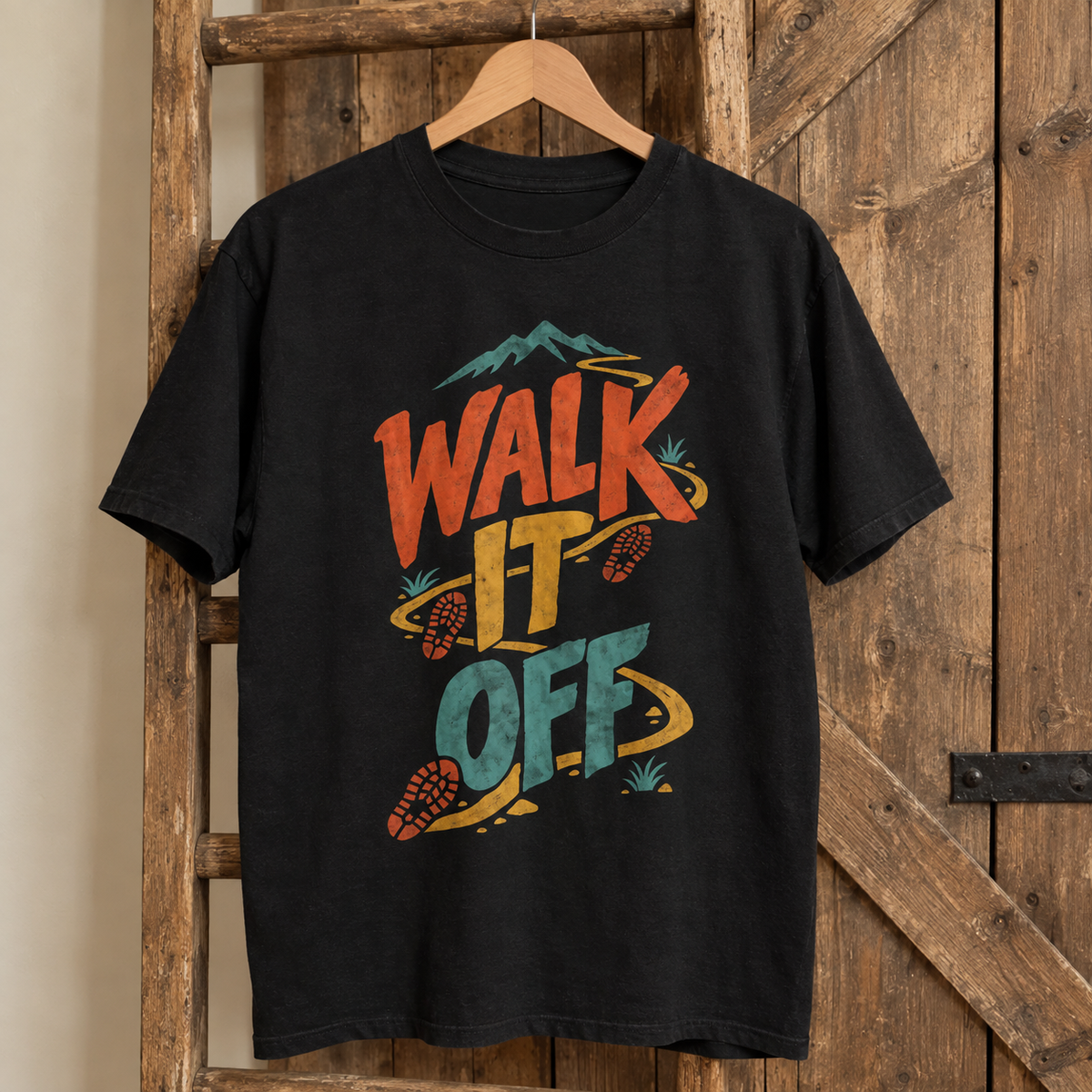 Black vintage t-shirt hanging with colorful printed “Walk It Off” hiking design