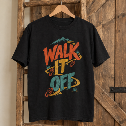Black vintage t-shirt hanging with colorful printed “Walk It Off” hiking design