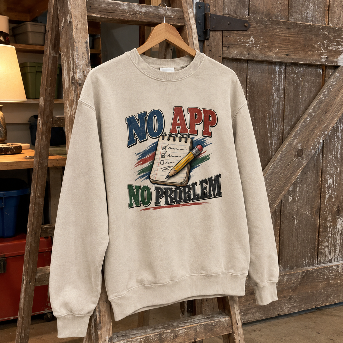 Vintage cream sweatshirt hanging with printed No App. No Problem slogan and notebook design